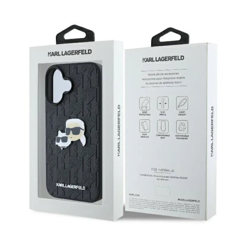 Karl Lagerfeld Monogram Karl & Choupette Head Pin - dėklas iPhone 16 (juodas)