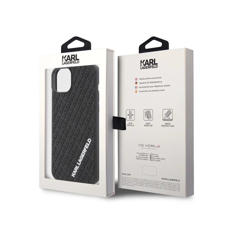 Karl Lagerfeld 3D Rubber Multi Logo dėklas, skirtas iPhone 15 Plus (juodas)