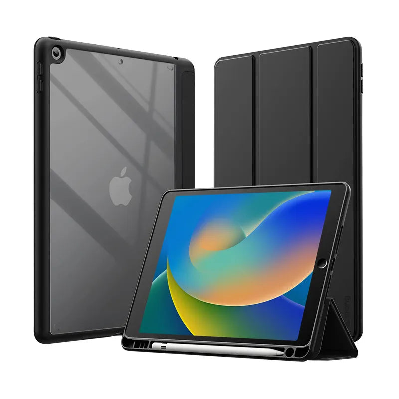 Crong PrimeFolio – iPad 10.2” (2021-2019) dėklas su stovu ir Apple Pencil skyriumi (juodas/skaidrus)