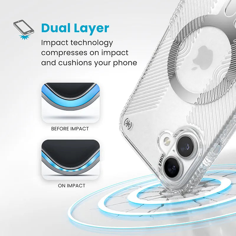 Speck Presidio Perfect-Clear Grip ClickLock & MagSafe – dėklas iPhone 16 Plus (skaidrus / chromuota apdaila / Serene Silver)