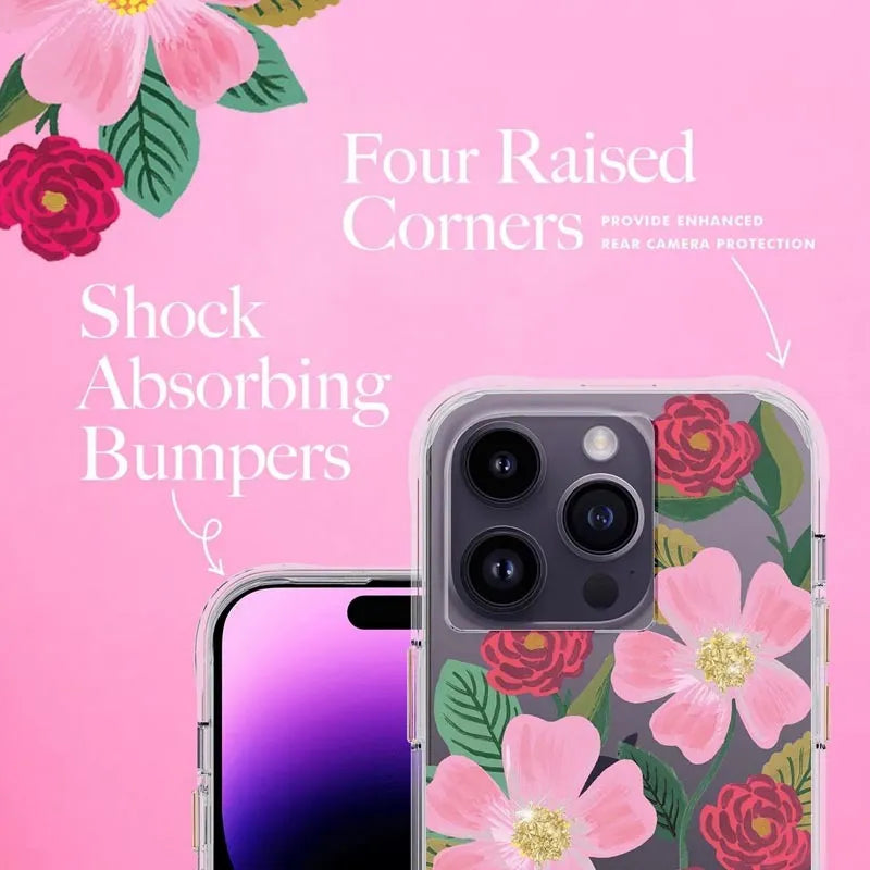 „Rifle Paper Clear“ – auksu dekoruotas dėklas „iPhone 14 Pro“ (Rose Garden)