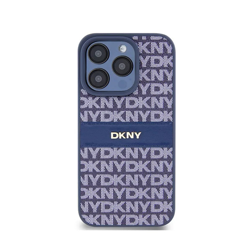 DKNY Leather Mono Stripe & Metal Logo – dėklas iPhone 15 Pro (mėlynas)