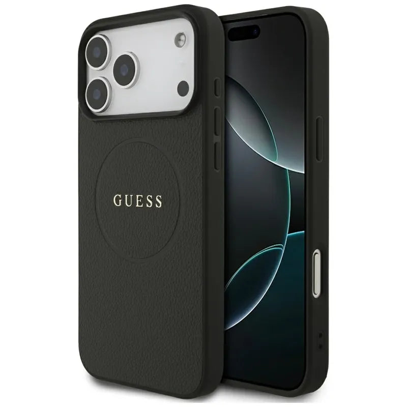 Guess Grained Ring MagSafe – Dėklas iPhone 17 Pro Max (juodas)