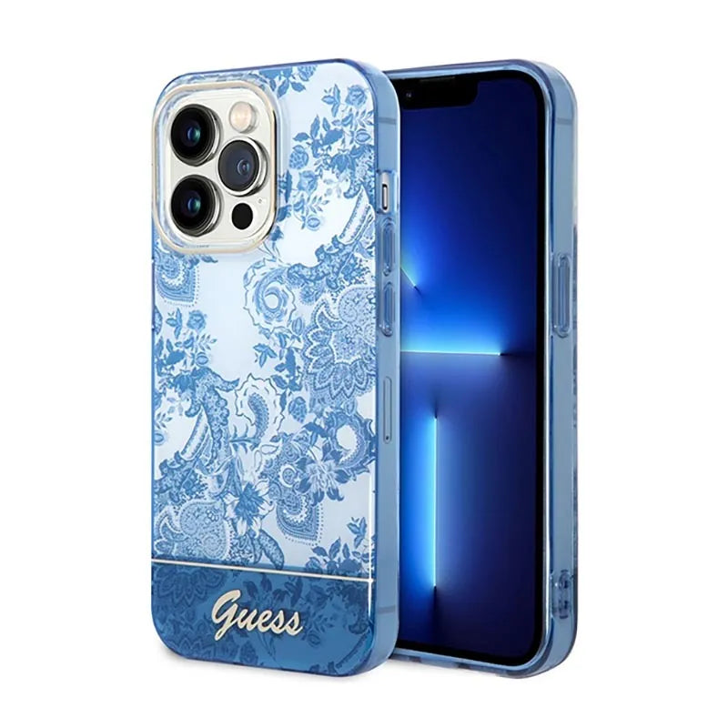 „Guess Porcelain Collection“ – dėklas „iPhone 14 Pro Max“ telefonui (mėlynas)