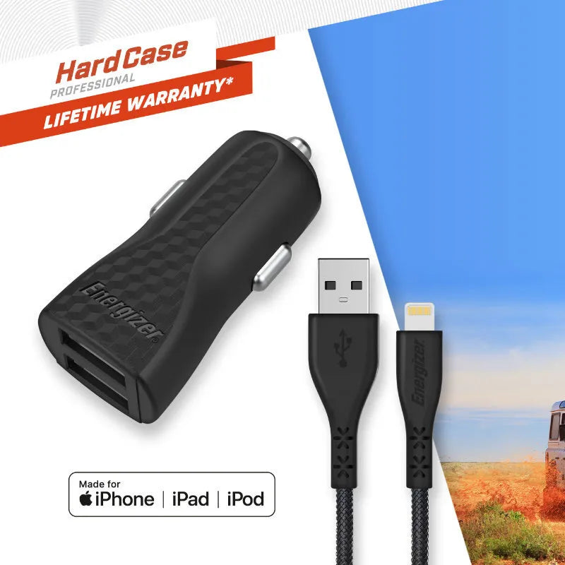 Energizer HardCase – automobilinis įkroviklis 2x USB-A 17 W 3,4 A + MFi sertifikuotas „Lightning“ laidas (juodas)