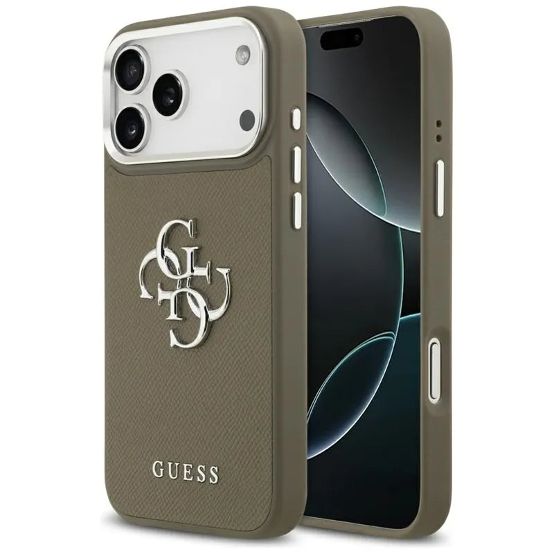 Guess Grained Big 4G Classic Logo – dėklas, skirtas iPhone 17 Pro Max (rudas)