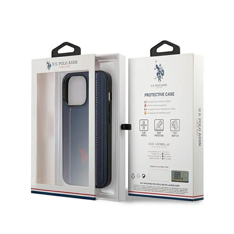 US Polo Assn Leather Stitch – dėklas iPhone 14 Pro (tamsiai mėlynas)