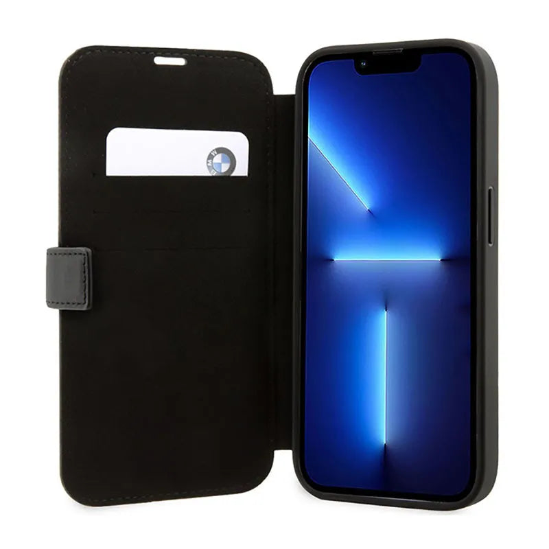 BMW Booktype Leather Stamp Blue Lines dėklas, skirtas iPhone 14 Pro (juodas)