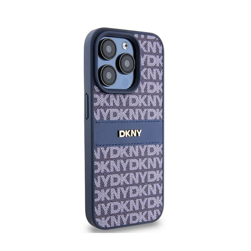 DKNY Leather Mono Stripe & Metal Logo – dėklas iPhone 15 Pro (mėlynas)