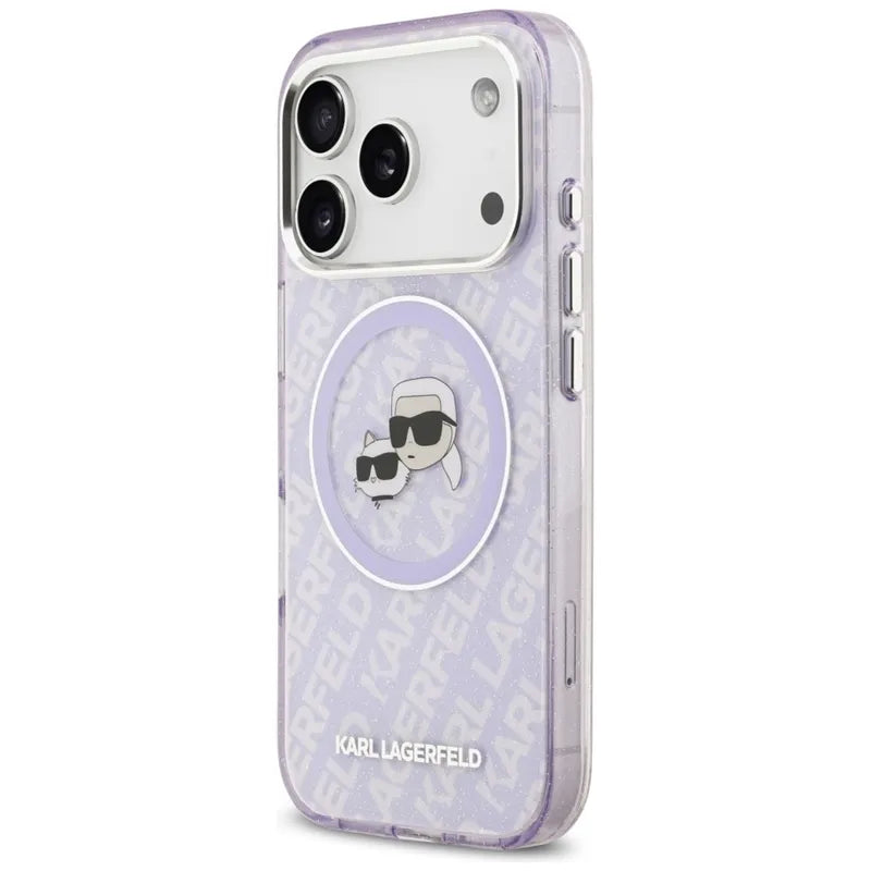 Karl Lagerfeld IML Glitter Karl & Choupette Heads Logo MagSafe - Dėklas iPhone 17 Pro (violetinis)