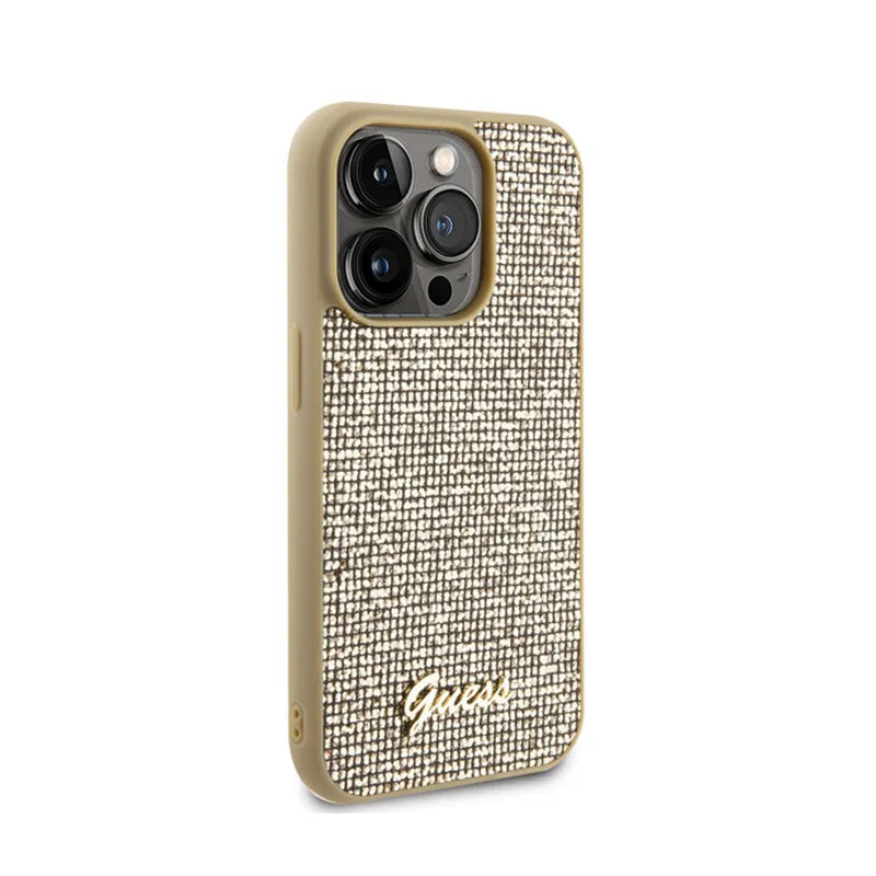Guess Disco Metal Script – dėklas „iPhone 15 Pro“ (auksinis)