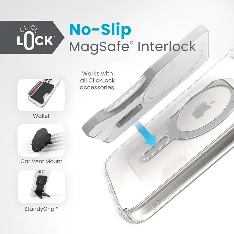 Speck Presidio Perfect-Clear ClickLock & MagSafe - dėklas iPhone 15 Plus / iPhone 14 Plus (skaidrus / chromuota apdaila / Serene Silver)