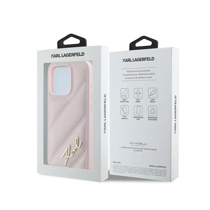 Karl Lagerfeld Diagonal Quilted Script - dėklas iPhone 15 Pro Max (rožinis)