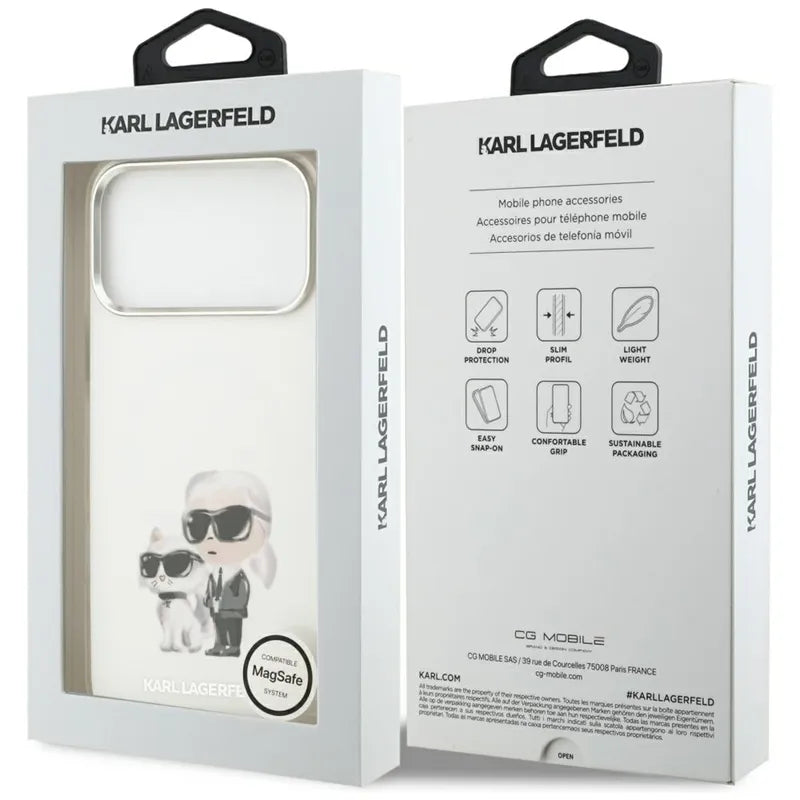 Karl Lagerfeld IML Aquarelle Karl & Choupette & Logo MagSafe dėklas, skirtas iPhone 17 Pro Max (baltas)
