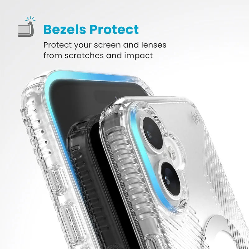 Speck Presidio Perfect-Clear Grip ClickLock & MagSafe – dėklas iPhone 16 Plus (skaidrus / chromuota apdaila / Serene Silver)