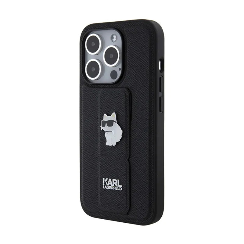 Karl Lagerfeld Gripstand Saffiano Choupette Pins – dėklas iPhone 14 Pro (juodas)