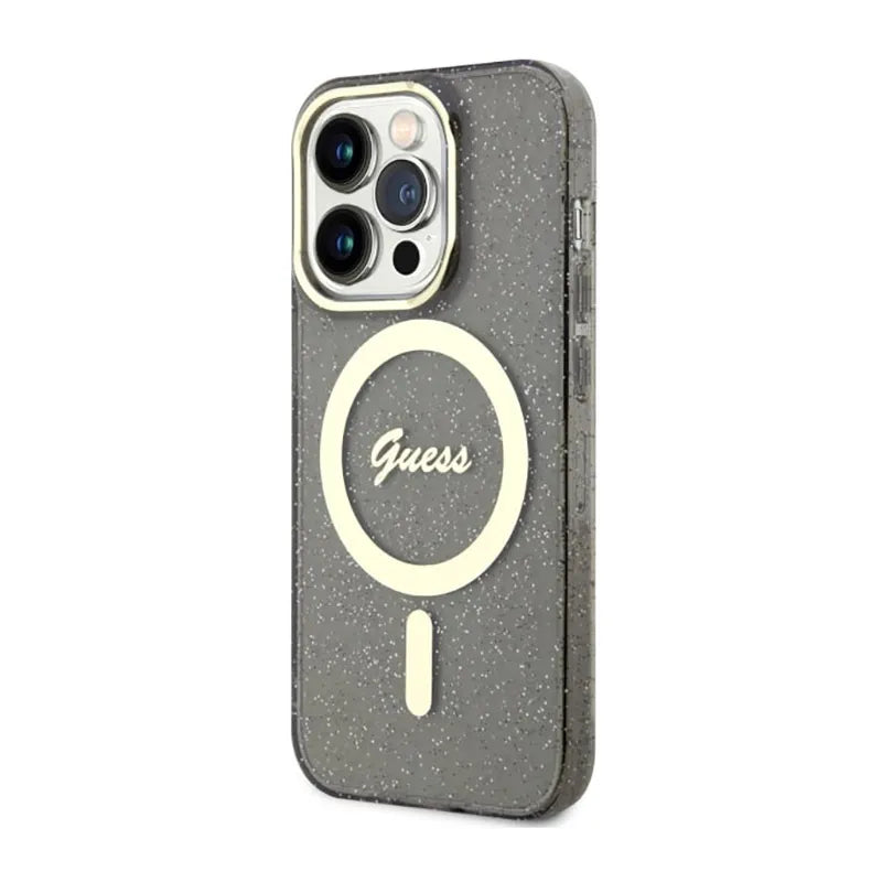 Guess Glitter Gold MagSafe – Dėklas iPhone 14 Pro Max (Juodas)
