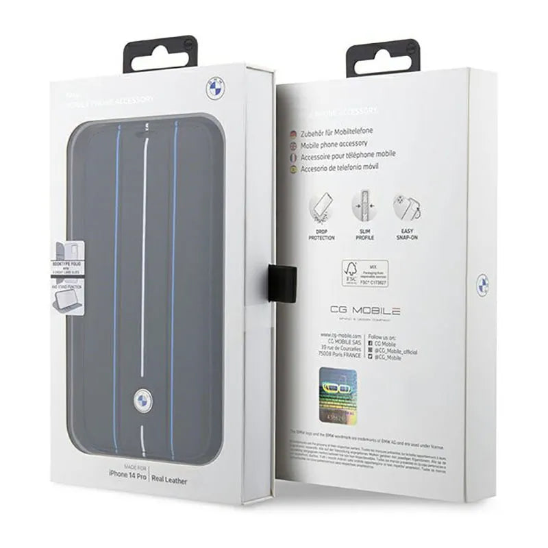 BMW Booktype Leather Stamp Blue Lines dėklas, skirtas iPhone 14 Pro (juodas)