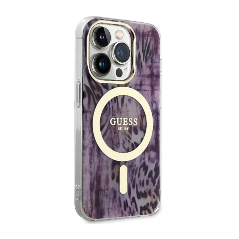 Guess Leopard MagSafe – dėklas iPhone 14 Pro (rožinis)