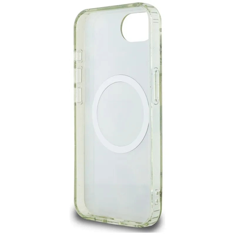 Guess IML Metal Glitter Flowers Triangle MagSafe – dėklas iPhone 16e telefonui (žalias)