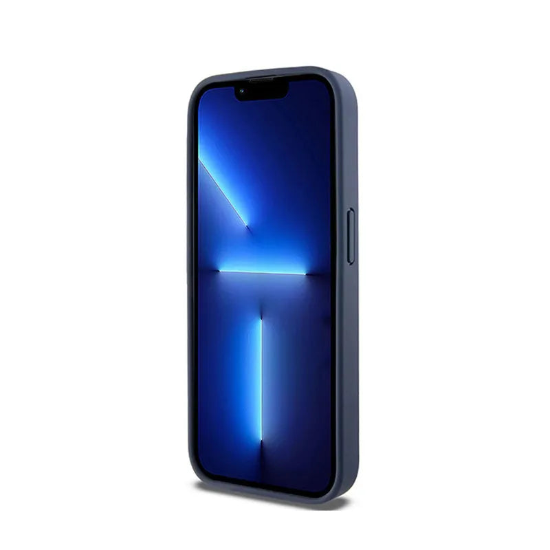 DKNY Leather Mono Stripe & Metal Logo – dėklas iPhone 15 Pro (mėlynas)