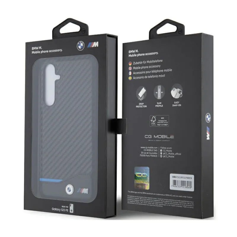 BMW Leather Carbon Blue Line – Samsung Galaxy S23 FE dėklas (juodas)