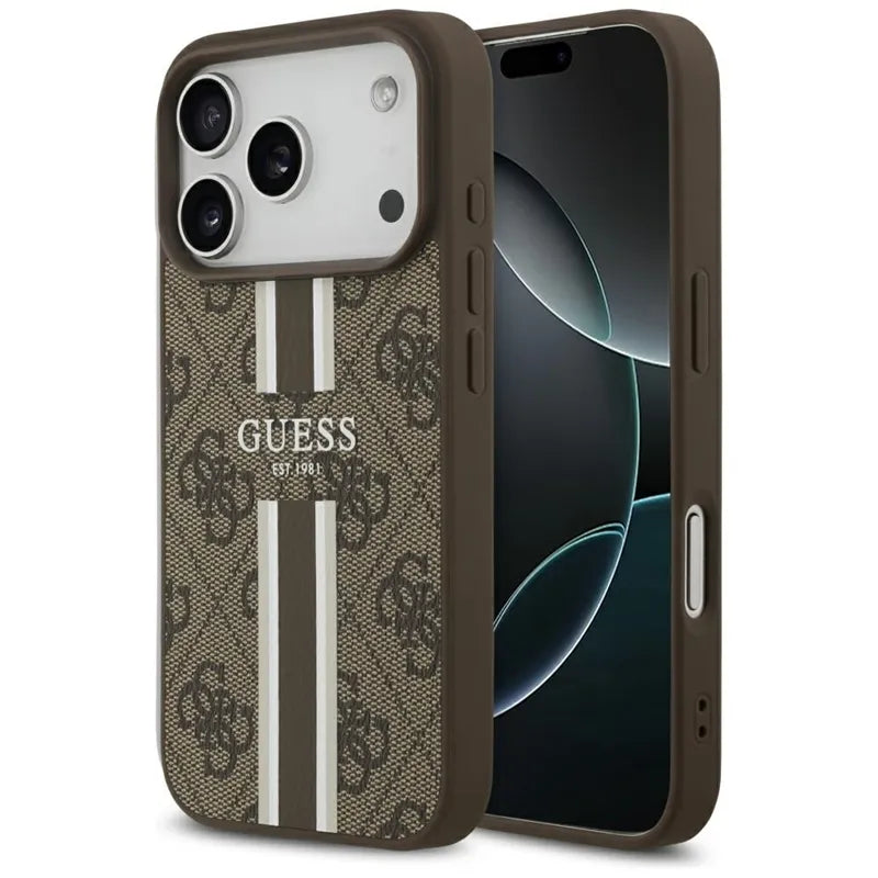 Guess 4G Printed Stripes MagSafe – Dėklas iPhone 17 Pro (rudas)