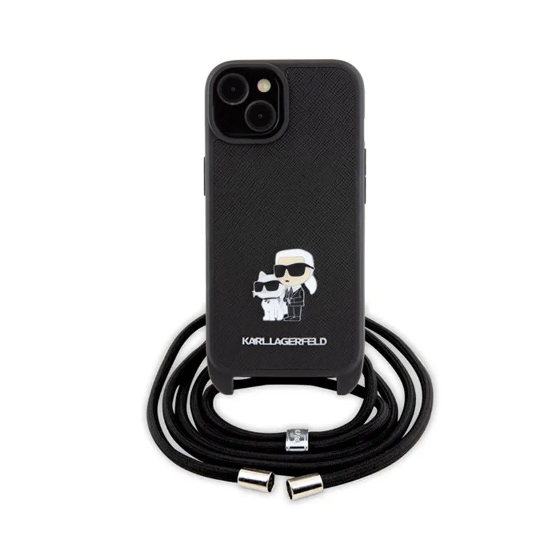 Karl Lagerfeld Crossbody Saffiano Metal Pin Karl & Choupette dėklas, skirtas iPhone 15 Plus (juodas)