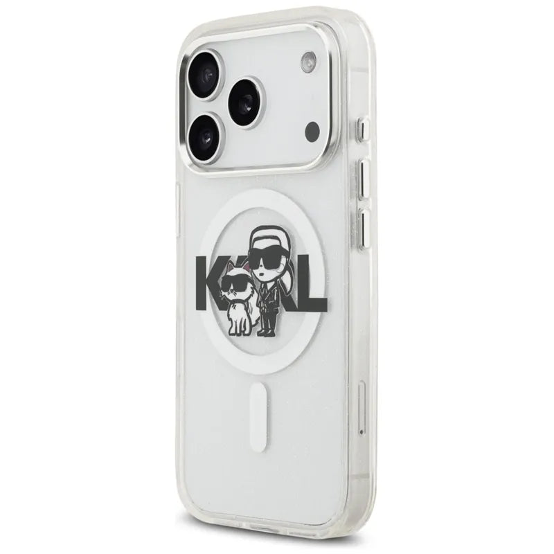 Karl Lagerfeld IML Glitter Karl & Choupette Sketch Logo MagSafe – Dėklas iPhone 17 Pro (skaidrus)
