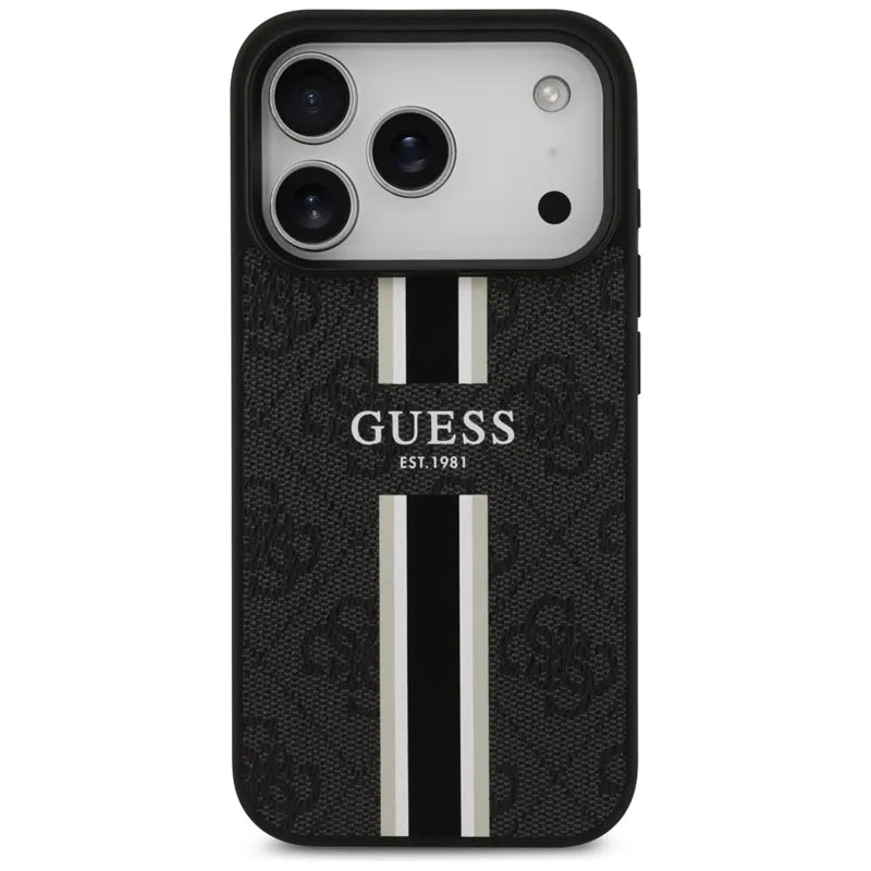 Guess 4G Printed Stripes MagSafe – dėklas iPhone 17 Pro (juodas)