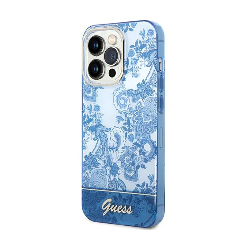 „Guess Porcelain Collection“ – dėklas „iPhone 14 Pro Max“ telefonui (mėlynas)