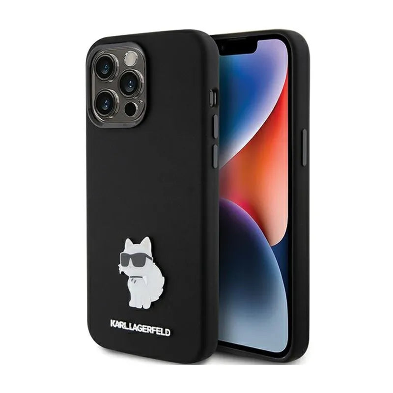 Karl Lagerfeld Silicone Choupette Metal Pin – dėklas iPhone 15 Pro Max (juodas)