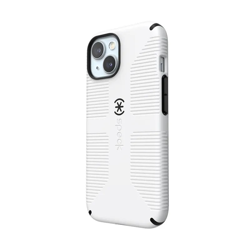 Speck Candyshell Grip MagSafe – dėklas, skirtas iPhone 17e / 16e / 15 / 14 / 13 (baltas / juodas)