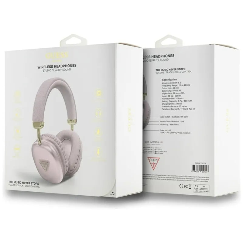 Guess Metallic Triangle Logo – belaidės ant ausų dedamos Bluetooth V5.3 ausinės (rožinės)