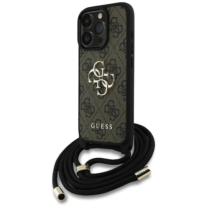 Guess 4G Big Logo Cord Strap Crossbody – dėklas iPhone 16 Pro (rudos spalvos)