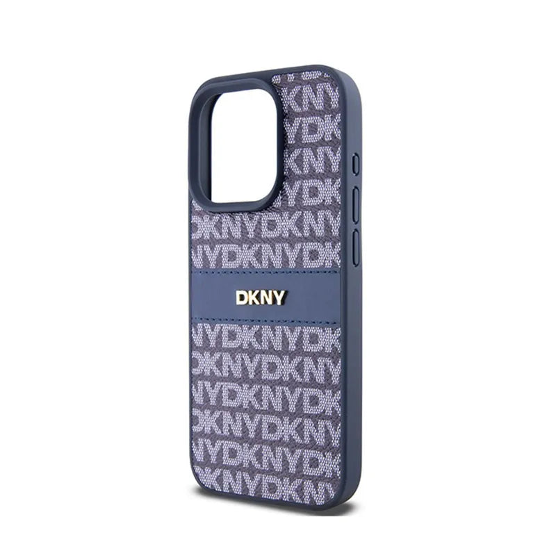 DKNY Leather Mono Stripe & Metal Logo – dėklas iPhone 15 Pro (mėlynas)