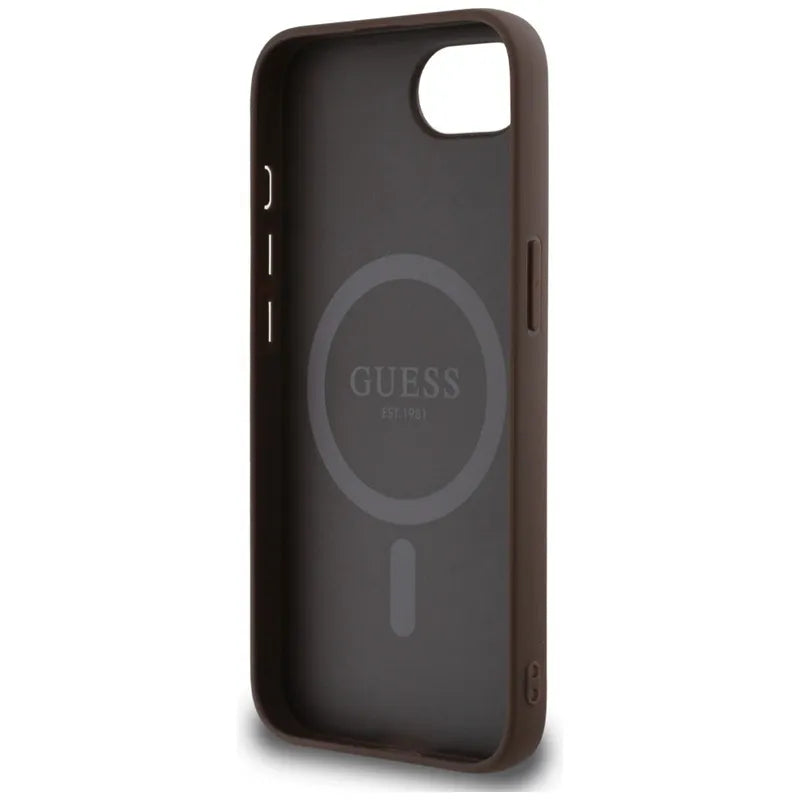 Guess 4G Ring Triangle Logo MagSafe – dėklas iPhone 16e (rudos spalvos)