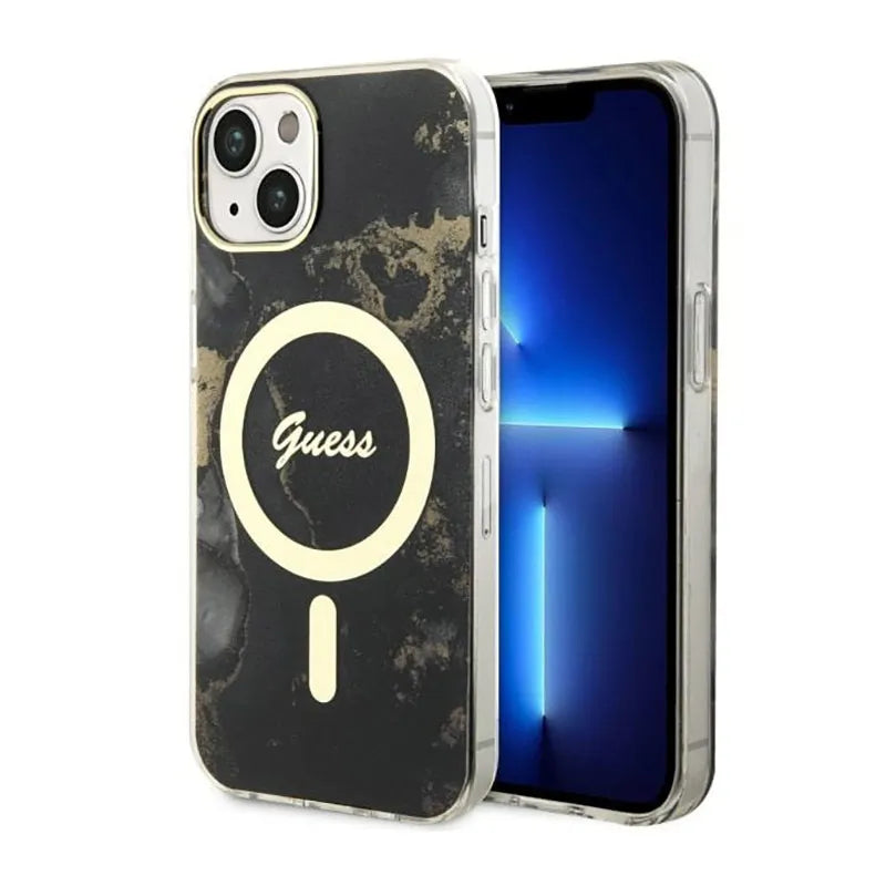 Guess Golden Marble MagSafe – dėklas iPhone 14 (juodas)