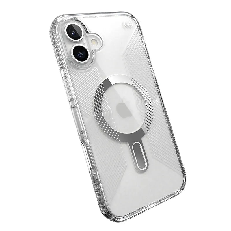 Speck Presidio Perfect-Clear Grip ClickLock & MagSafe – dėklas iPhone 16 Plus (skaidrus / chromuota apdaila / Serene Silver)
