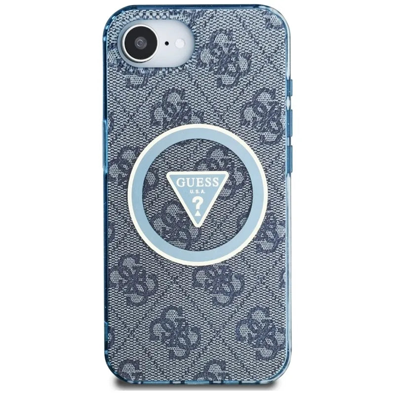 Guess IML Metal Glitter 4G Circle Triangle MagSafe – dėklas iPhone 16e (mėlynas)