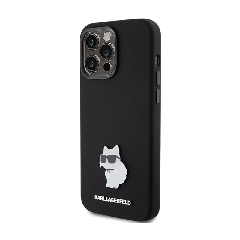 Karl Lagerfeld Silicone Choupette Metal Pin – dėklas iPhone 15 Pro Max (juodas)