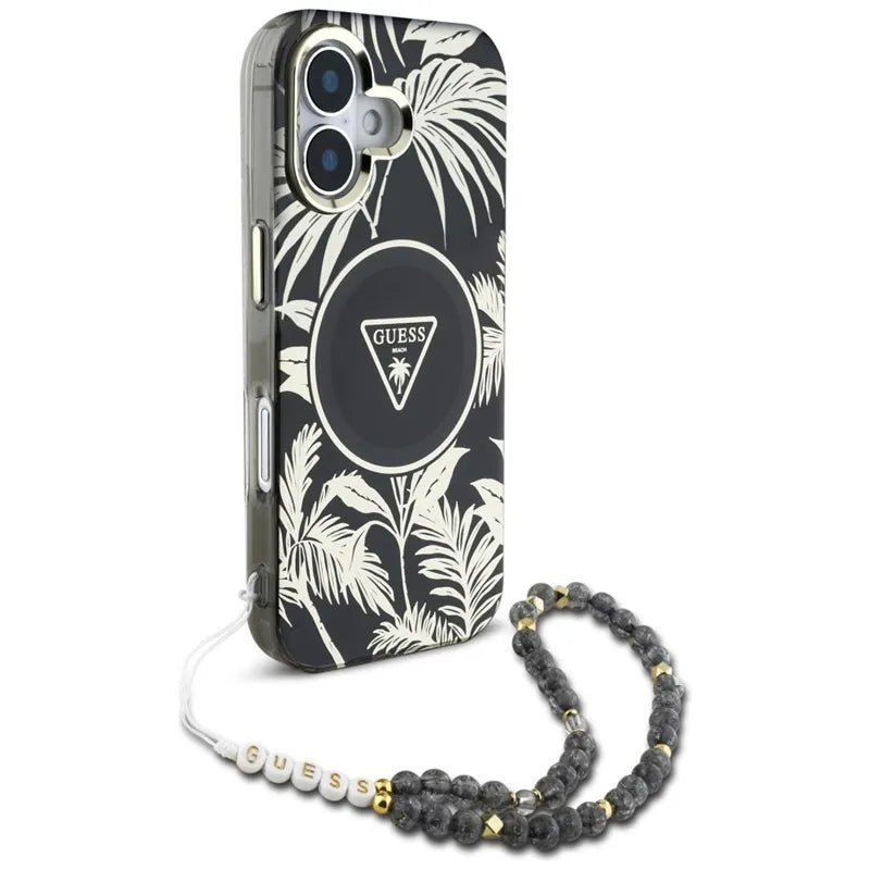 Guess Palm Trees Triangle Pearl Strap MagSafe – dėklas iPhone 16 (juodas)
