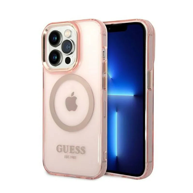 Guess Gold Outline Translucent MagSafe – dėklas iPhone 14 Pro (rožinis)