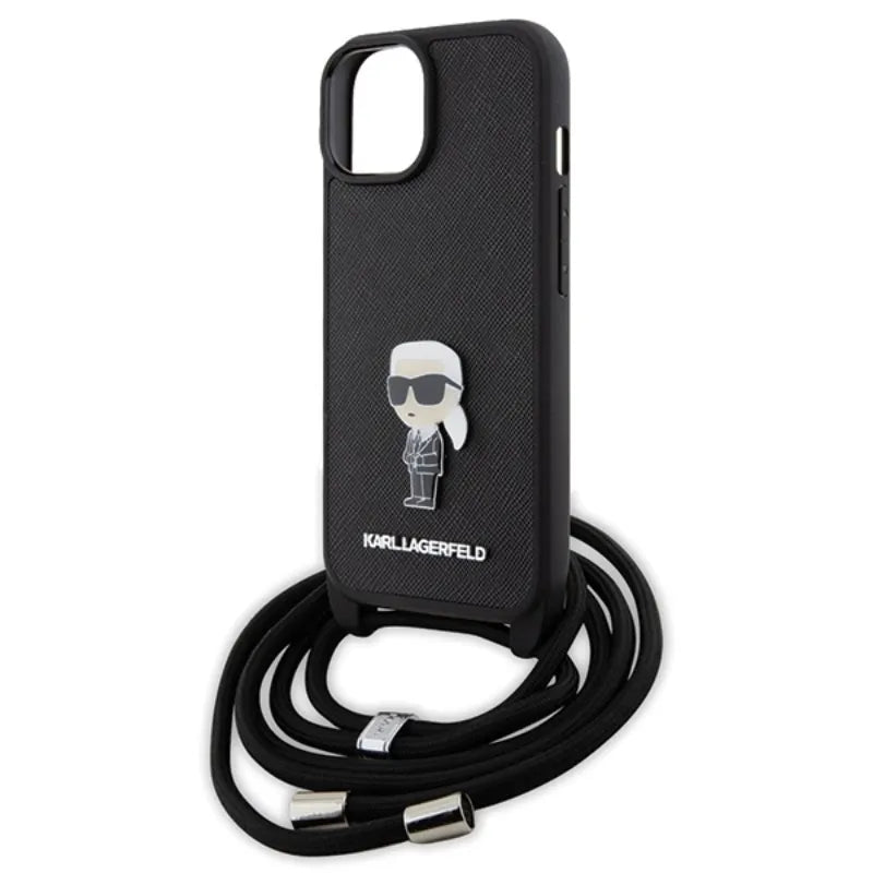 Karl Lagerfeld Crossbody Saffiano Monogram Ikonik Metal Pin – dėklas „iPhone 15“ (juodas)