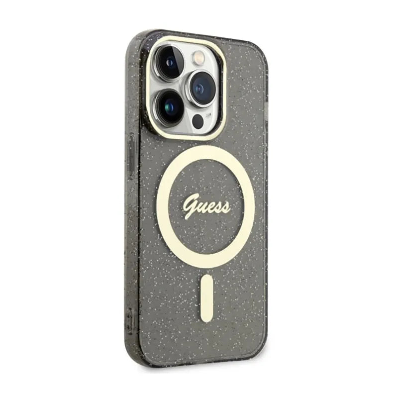 Guess Glitter Gold MagSafe – Dėklas iPhone 14 Pro Max (Juodas)