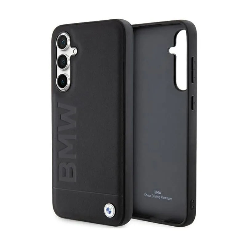 BMW Leather Hot Stamp dėklas Samsung Galaxy S23 FE išmaniajam telefonui (juodas)