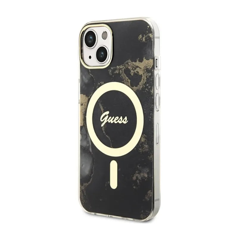 Guess Golden Marble MagSafe – dėklas iPhone 14 (juodas)