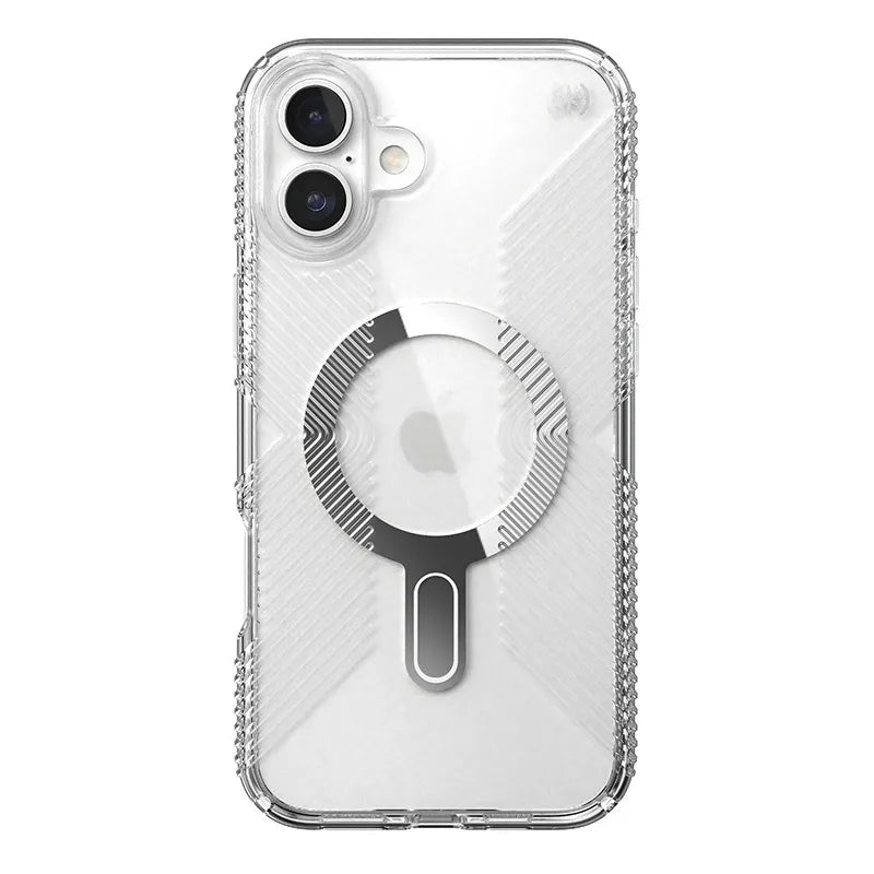 Speck Presidio Perfect-Clear Grip ClickLock & MagSafe – dėklas iPhone 16 Plus (skaidrus / chromuota apdaila / Serene Silver)