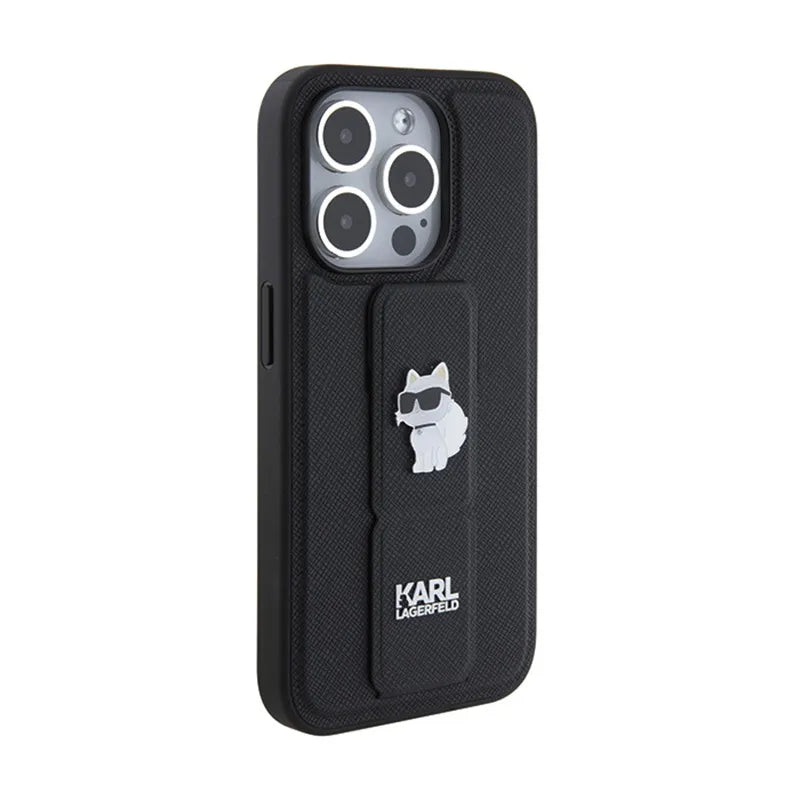 Karl Lagerfeld Gripstand Saffiano Choupette Pins – dėklas iPhone 14 Pro (juodas)