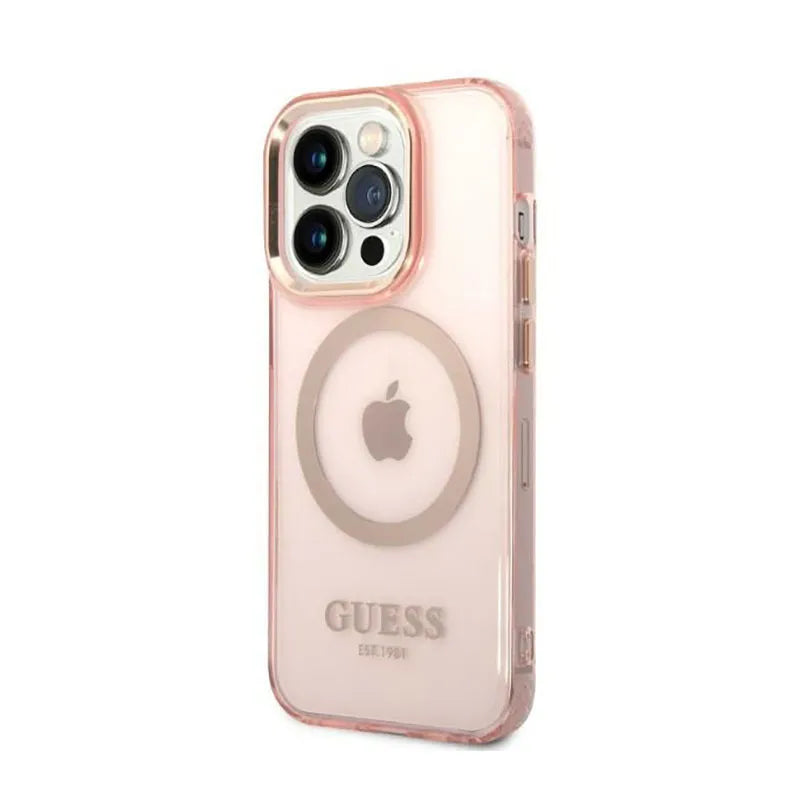 Guess Gold Outline Translucent MagSafe – dėklas iPhone 14 Pro (rožinis)